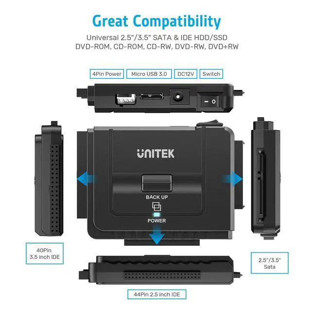 Alt view image 3 of 7 - Unitek USB 3.0 to IDE and SATA Converter External Hard Drive Adapter Kit for Universal 2.5/3.5 HDD/SSD Hard Drive Disk, One Touch Backup Function, Included 12V/2A Power Adapter