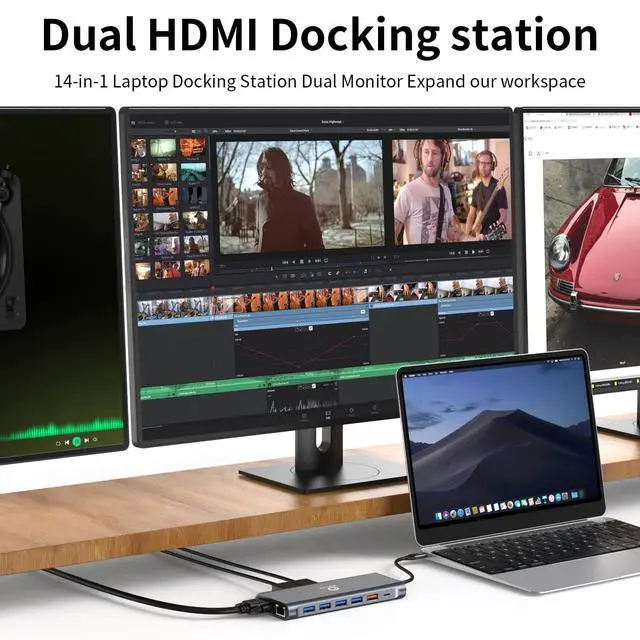 Alt view image 3 of 7 - Docking Station 3 Monitors for HP/Dell/Lenovo/MacBook Laptop, Triple Display with Dual 4K HDMI, VGA, 14 in 1 USB C Hub, Computer Docking Station with 10Gbps USB, PD, Ethernet, SD/TF, Audio/Mic