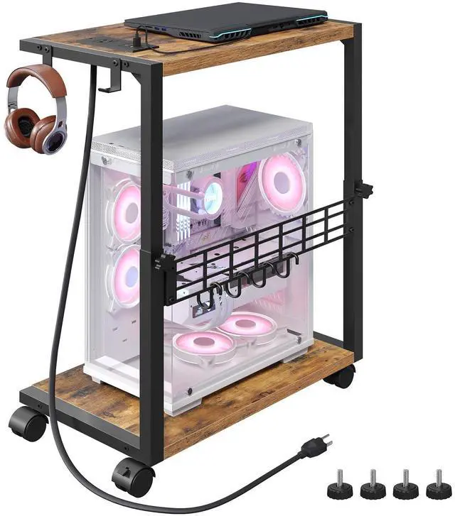 Main image of ZIIWIND PC Stand with Charging Station, Height Adjustable Computer Tower Stand, 19.7"-31.5" H, Computer Cart with Wheels and Hooks, CPU Holder for Floor, Carpet and Under Desk, Rustic Brown