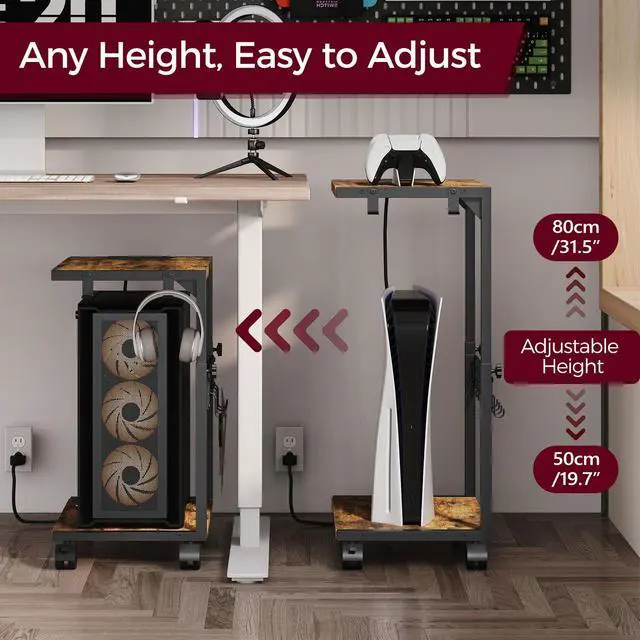 Alt view image 2 of 7 - ZIIWIND PC Stand with Charging Station, Height Adjustable Computer Tower Stand, 19.7"-31.5" H, Computer Cart with Wheels and Hooks, CPU Holder for Floor, Carpet and Under Desk, Rustic Brown