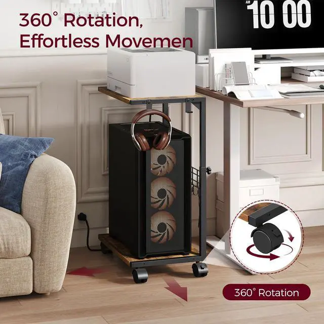 Alt view image 3 of 7 - ZIIWIND PC Stand with Charging Station, Height Adjustable Computer Tower Stand, 19.7"-31.5" H, Computer Cart with Wheels and Hooks, CPU Holder for Floor, Carpet and Under Desk, Rustic Brown