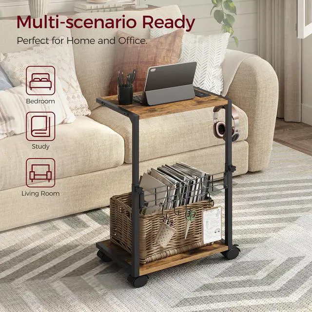 Alt view image 4 of 7 - ZIIWIND PC Stand with Charging Station, Height Adjustable Computer Tower Stand, 19.7"-31.5" H, Computer Cart with Wheels and Hooks, CPU Holder for Floor, Carpet and Under Desk, Rustic Brown