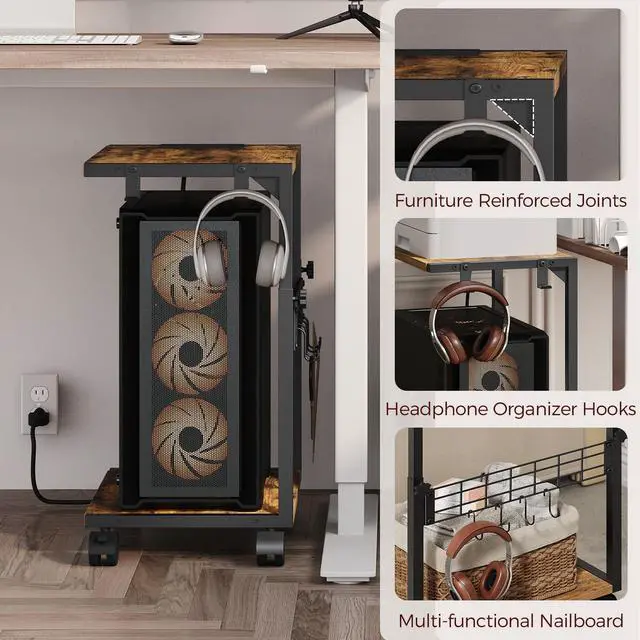 Alt view image 5 of 7 - ZIIWIND PC Stand with Charging Station, Height Adjustable Computer Tower Stand, 19.7"-31.5" H, Computer Cart with Wheels and Hooks, CPU Holder for Floor, Carpet and Under Desk, Rustic Brown