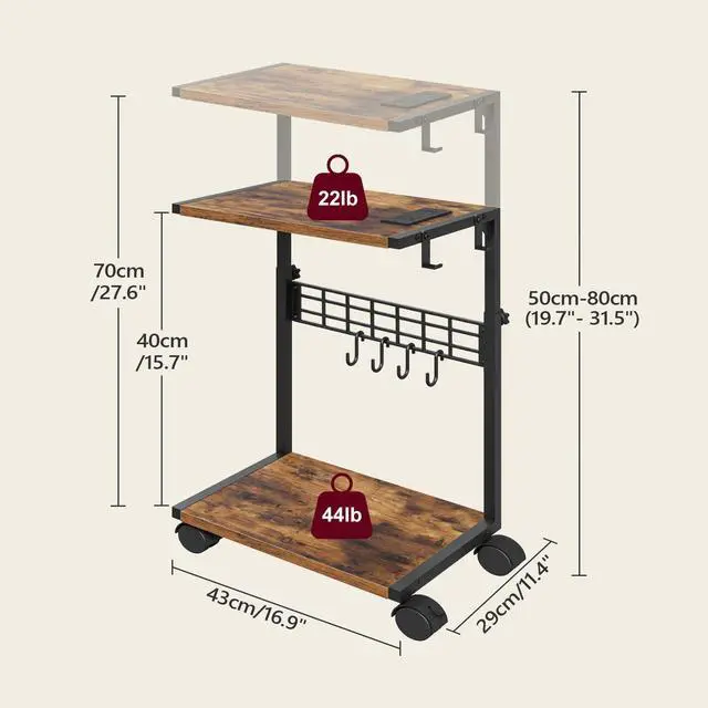 Alt view image 7 of 7 - ZIIWIND PC Stand with Charging Station, Height Adjustable Computer Tower Stand, 19.7"-31.5" H, Computer Cart with Wheels and Hooks, CPU Holder for Floor, Carpet and Under Desk, Rustic Brown