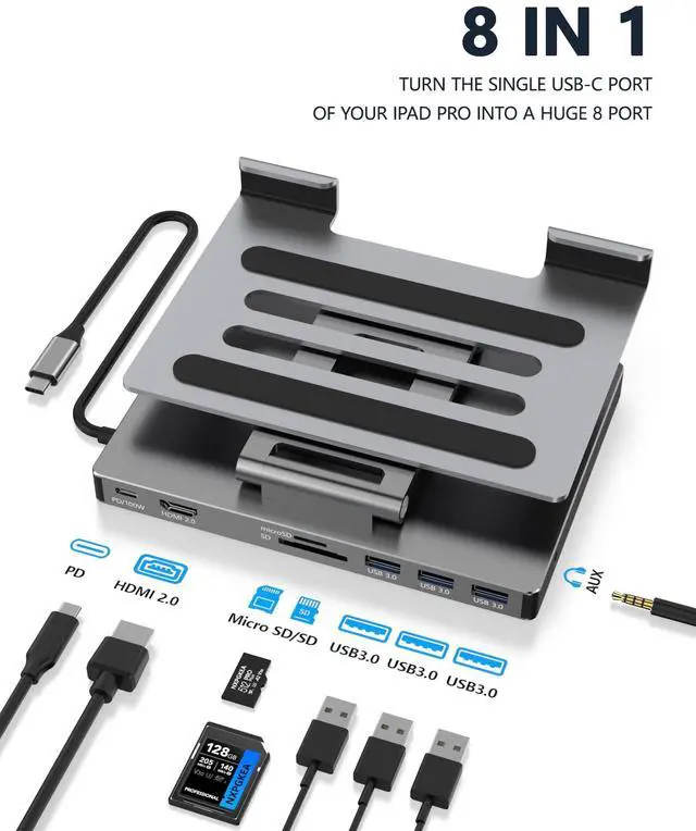 Alt view image 2 of 7 - iPad Pro USB C Hub Stand, Multiport Adapter for iPad Pro M4 M3 M2 M1 13 12.9 11 Inch iPad Air Docking Station Foldable 4K 60Hz HDMI, PD Charging, SD/TF Card Reader, 3 USB 3.0, 3.5mm Audio