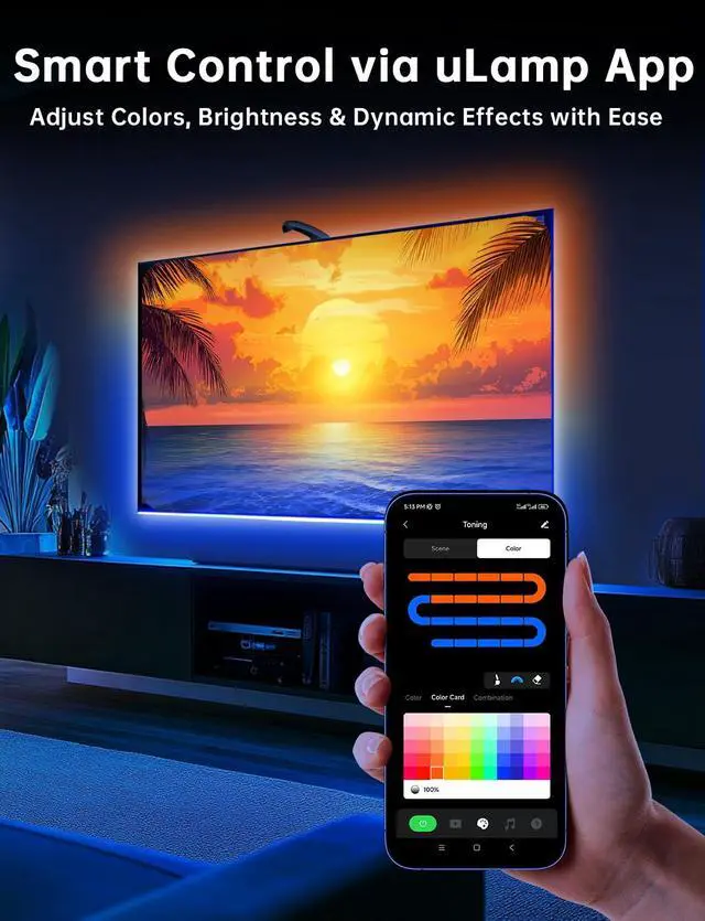 Alt view image 5 of 7 - FFJ TV LED Backlight with Sensor, 14.7ft Cuttable RGB Lights That Change with TV for 55-65 Inch Screen and PC Monitor, Smart App Control, Game & Music Sync Color Changing Light