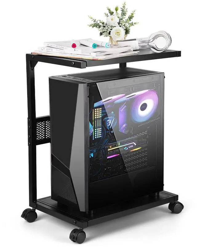 Main image of Bfttlity PC Stand Computer Tower Stand 2-Tier Metal CPU Holder with Locking Caster Wheels Suitable for Most PC (S,Black)