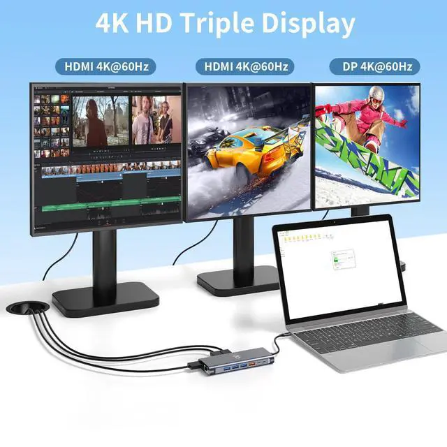 Alt view image 3 of 7 - Docking Station 3 Monitors for HP/MacBook/Dell/Lenovo/Surface, USB C Docking Station with Dual 4K@60Hz HDMI & 4K DP, 14-in-1 USB C Hub with 100W PD, USB-A/C 3.1, 1Gbps Ethernet, SD/TF, 3.5mm Audio/Mic