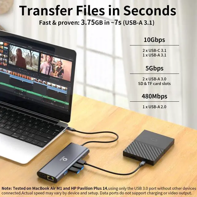 Alt view image 7 of 7 - Docking Station 3 Monitors for HP/MacBook/Dell/Lenovo/Surface, USB C Docking Station with Dual 4K@60Hz HDMI & 4K DP, 14-in-1 USB C Hub with 100W PD, USB-A/C 3.1, 1Gbps Ethernet, SD/TF, 3.5mm Audio/Mic