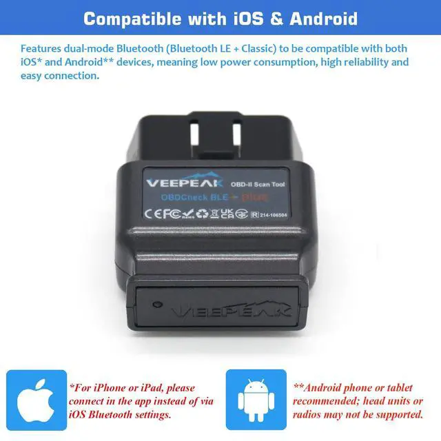 Alt view image 4 of 7 - Veepeak OBDCheck BLE+ Bluetooth OBD II Scanner for iOS & Android, Car Check Engine Code Reader Wireless OBD Diagnostic Scan Tool
