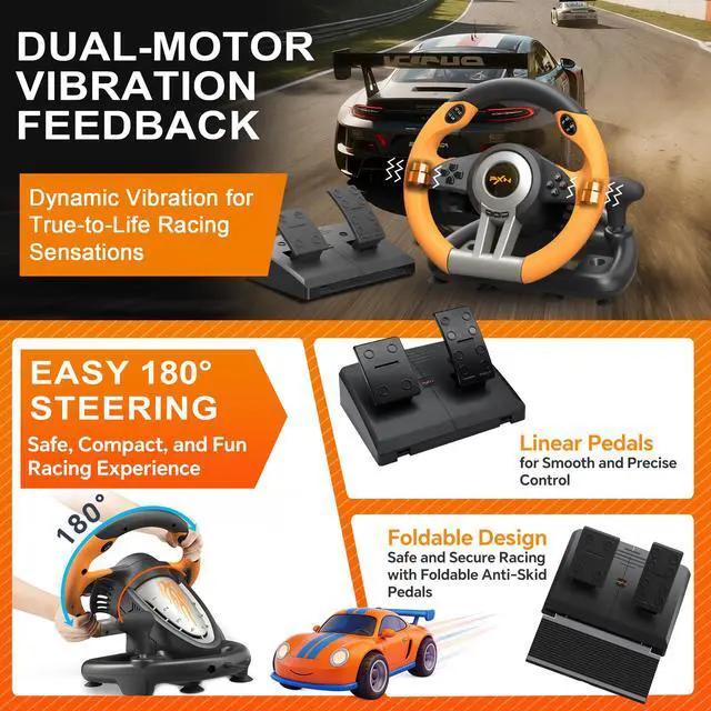 Alt view image 4 of 6 - PC Racing Wheel, V3 PRO 180 Degree Universal Usb Car Sim Race Steering Wheel with Pedals for PC, PS3, PS4, Xbox One, Xbox Series X/S, Switch (Orange)