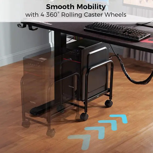 Alt view image 6 of 7 - EUREKA ERGONOMIC Computer Tower Stand, Height Adjustable PC Stand for Under Desk, Mobile Rolling CPU Holer with 360° Locking Caster Wheels, Desktop Tower Cart on Floor, Desk Accessories, Steel, Black