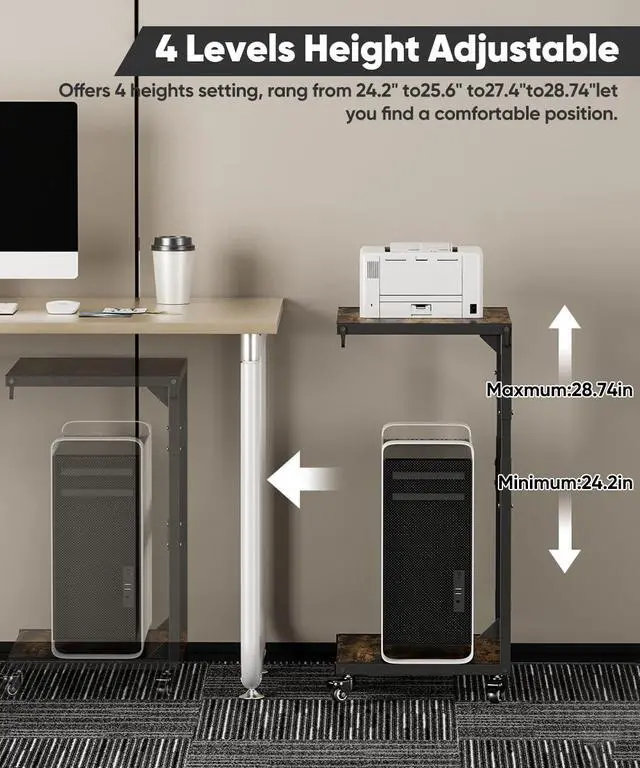 Alt view image 2 of 7 - Ansionsol Computer Tower Stand, 2-Tier Metal CPU Holder Stand with Lockable Wheels, Adjustable Under Desk PC Shelf, Mobile Rolling Computer Cart for Home, Office, Gamers and Students, Black