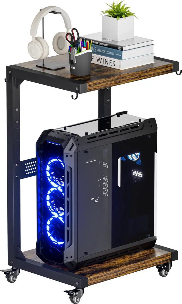 Main image of Ansionsol Computer Tower Stand, 2-Tier Metal CPU Holder Stand with Lockable Wheels, Adjustable Under Desk PC Shelf, Mobile Rolling Computer Cart for Home, Office, Gamers and Students, Black