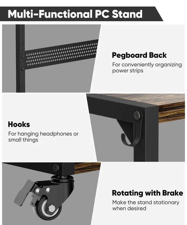 Alt view image 5 of 7 - Ansionsol Computer Tower Stand, 2-Tier Metal CPU Holder Stand with Lockable Wheels, Adjustable Under Desk PC Shelf, Mobile Rolling Computer Cart for Home, Office, Gamers and Students, Black