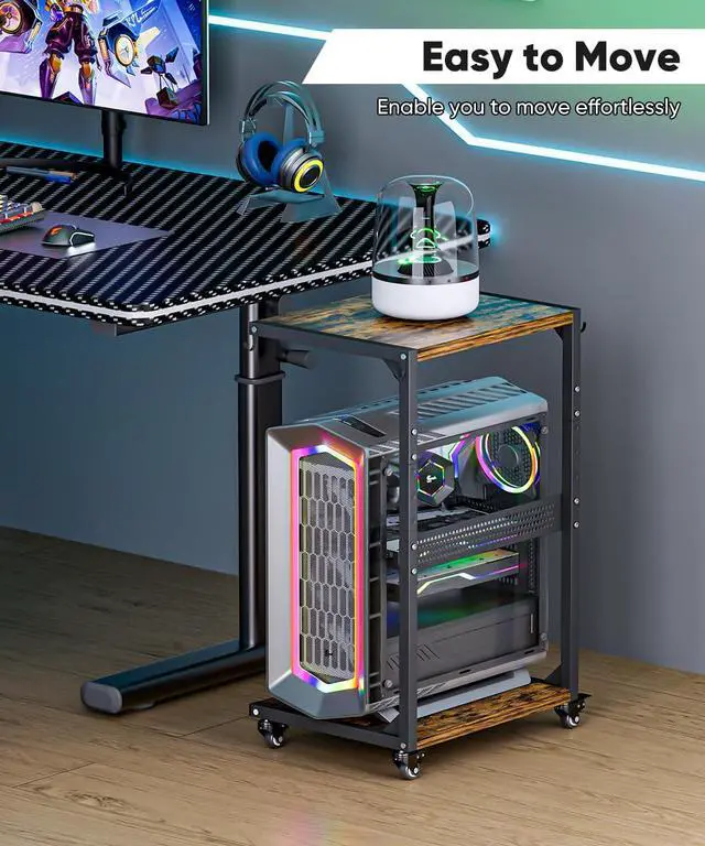 Alt view image 7 of 7 - Ansionsol Computer Tower Stand, 2-Tier Metal CPU Holder Stand with Lockable Wheels, Adjustable Under Desk PC Shelf, Mobile Rolling Computer Cart for Home, Office, Gamers and Students, Black