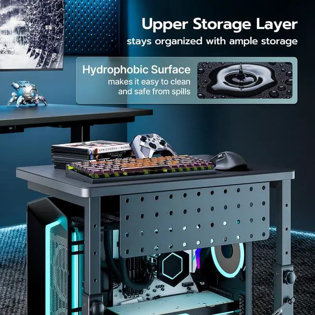 Alt view image 6 of 7 - ARES WING Height Adjustable Computer Tower Stand, 2-Tier PC Tower Stand for Most PC, CPU Holder Cart with Locking Wheels for Gaming Home Office, 21.7"-33.5" Height