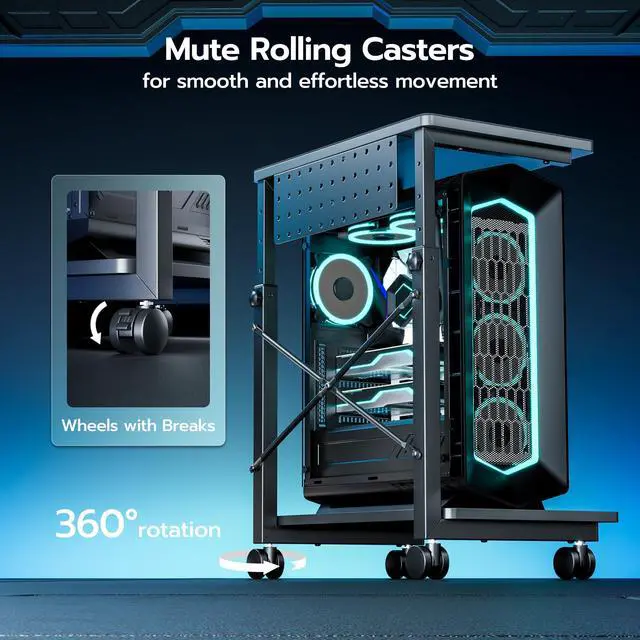 Alt view image 5 of 7 - ARES WING Height Adjustable Computer Tower Stand, 2-Tier PC Tower Stand for Most PC, CPU Holder Cart with Locking Wheels for Gaming Home Office, 21.7"-33.5" Height