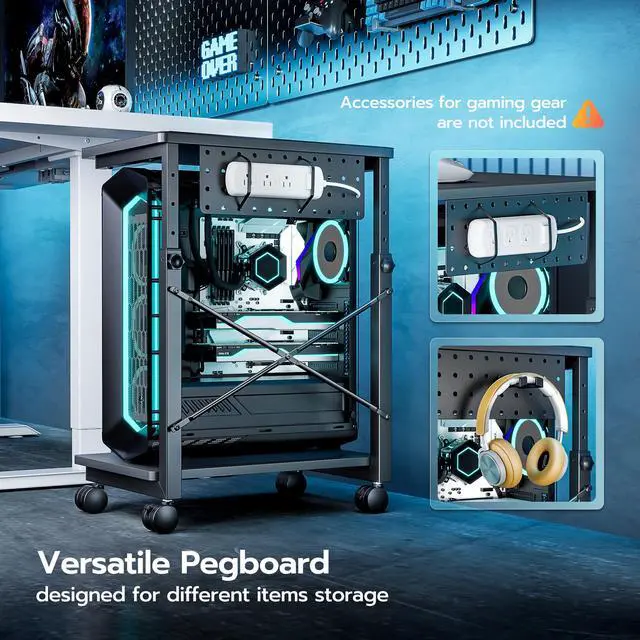 Alt view image 7 of 7 - ARES WING Height Adjustable Computer Tower Stand, 2-Tier PC Tower Stand for Most PC, CPU Holder Cart with Locking Wheels for Gaming Home Office, 21.7"-33.5" Height