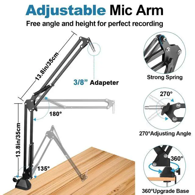 Alt view image 3 of 7 - Microphone Stand for Blue Yeti Upgraded Mic Boom Arm Desk Mount for Hyperx Quadcast Blue Yeti Pro X Snowball with Top Grade Shock Mount, Pop Filter,Windscreen,Mic Holder for Broadcasting Game