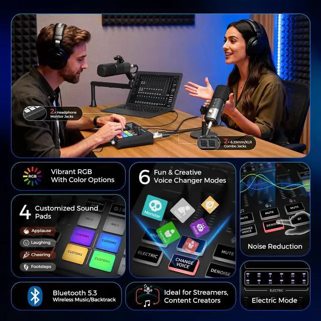 Alt view image 2 of 7 - Gaming Audio Mixer & USB Audio Interface, Pro Mic Preamp, Dual XLR/6.35mm Inputs, 48V Phantom Power, RGB, Voice Changer, Sound Pads, Loopback for Podcast, Streaming & Music (AMIX20U)