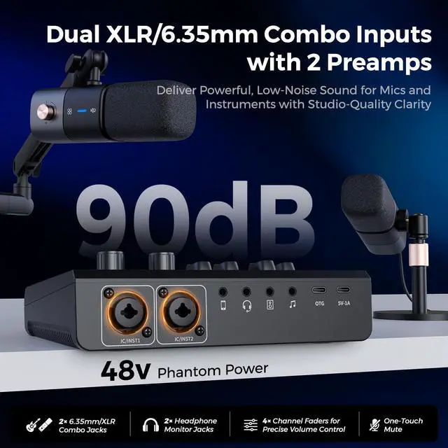Alt view image 3 of 7 - Gaming Audio Mixer & USB Audio Interface, Pro Mic Preamp, Dual XLR/6.35mm Inputs, 48V Phantom Power, RGB, Voice Changer, Sound Pads, Loopback for Podcast, Streaming & Music (AMIX20U)