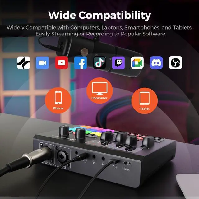 Alt view image 7 of 7 - Gaming Audio Mixer & USB Audio Interface, Pro Mic Preamp, Dual XLR/6.35mm Inputs, 48V Phantom Power, RGB, Voice Changer, Sound Pads, Loopback for Podcast, Streaming & Music (AMIX20U)