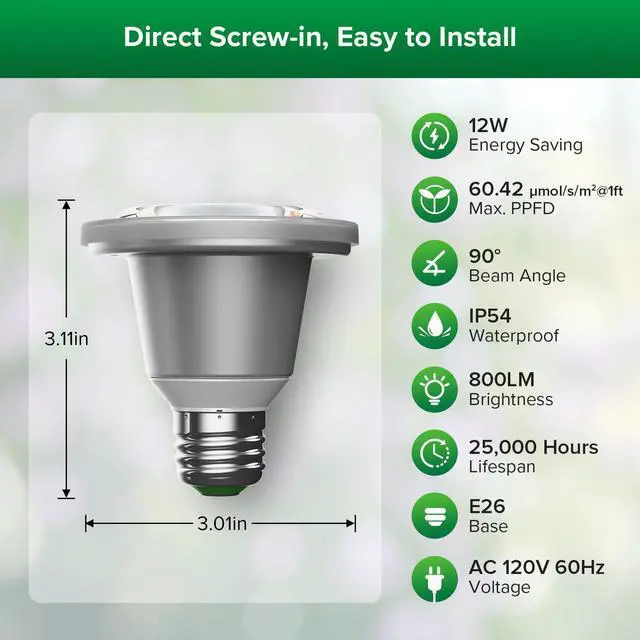 Alt view image 2 of 7 - 60W Equivalent LED Grow Light Bulb, BR20 12W Full Spectrum Plant Light Bulb E26 Base, 25,000 Hours Lifespan IP54 Waterproof Grow Light for Indoor Outdoor Plants