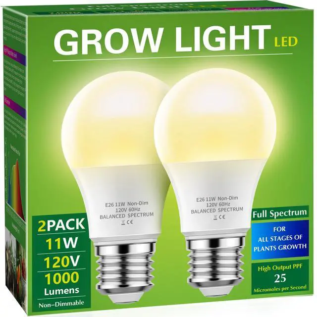 Main image of Grow Light Bulbs, LED Grow Light Bulb A19 Bulb, Full Spectrum Grow Light Bulb, Plant Light Bulbs E26 Base, 11W Grow Bulb 100W Equivalent, Grow Light for Indoor Plants, Seed Starting, 2Pack