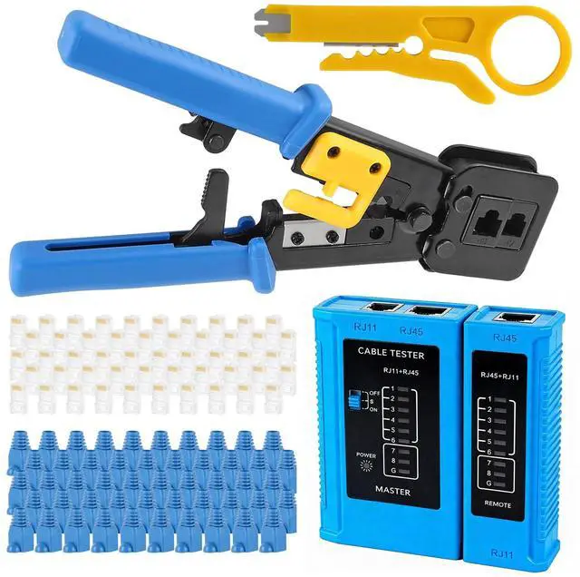 Main image of AITRIP RJ45 Crimp Tool Kit Pass Thru Cat5 Cat5e Cat6 RJ45 Crimping Tool with RJ45 Cat6 Pass Through Connectors, Covers,1 Wire Punch Down Cutter,Network Cable Tester