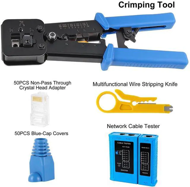 Alt view image 2 of 7 - AITRIP RJ45 Crimp Tool Kit Pass Thru Cat5 Cat5e Cat6 RJ45 Crimping Tool with RJ45 Cat6 Pass Through Connectors, Covers,1 Wire Punch Down Cutter,Network Cable Tester