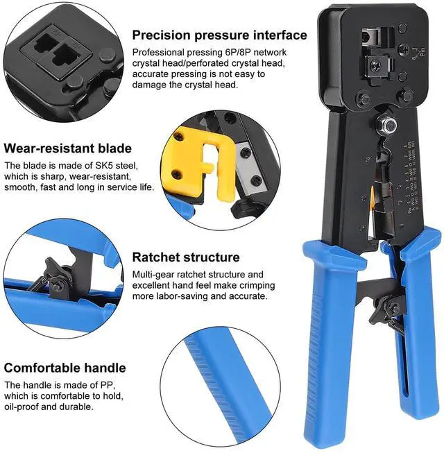 Alt view image 4 of 7 - AITRIP RJ45 Crimp Tool Kit Pass Thru Cat5 Cat5e Cat6 RJ45 Crimping Tool with RJ45 Cat6 Pass Through Connectors, Covers,1 Wire Punch Down Cutter,Network Cable Tester
