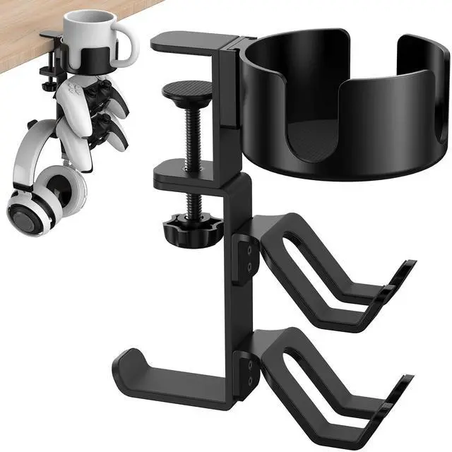 Main image of POWNEW 4 in 1 Desk Cup Holder with Headphone Hanger and Controller Stand Gaming Accessories, Universal Adjustable & Rotating Upgraded Arm Clamp for Coffee Mugs, Water Bottles, Headphones, Controller.