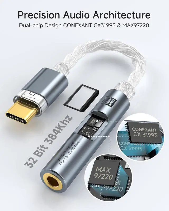 Alt view image 2 of 7 - USB C to 3.5mm Audio Adapter with Dual Chip CX31993 MAX97220 DAC & HiFi Amplifier, 8-Strand 4N Single Crystal Silver-Plated Copper Cable,USBC to Headphones Aux Dongle for Android iPhone 17/16 PC Mac