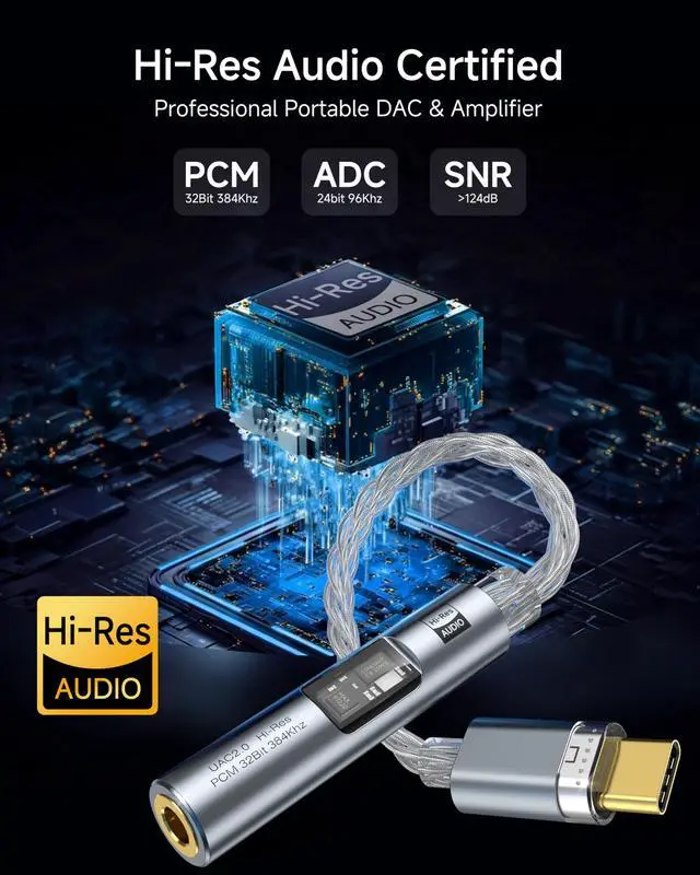 Alt view image 3 of 7 - USB C to 3.5mm Audio Adapter with Dual Chip CX31993 MAX97220 DAC & HiFi Amplifier, 8-Strand 4N Single Crystal Silver-Plated Copper Cable,USBC to Headphones Aux Dongle for Android iPhone 17/16 PC Mac