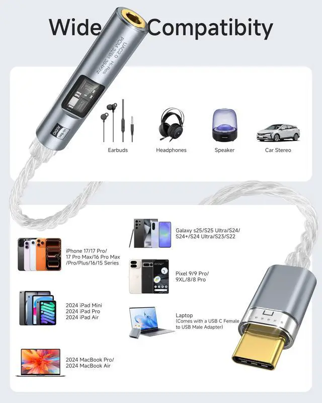 Alt view image 5 of 7 - USB C to 3.5mm Audio Adapter with Dual Chip CX31993 MAX97220 DAC & HiFi Amplifier, 8-Strand 4N Single Crystal Silver-Plated Copper Cable,USBC to Headphones Aux Dongle for Android iPhone 17/16 PC Mac