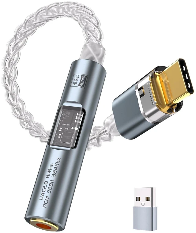 Main image of USB C to 3.5mm Adapter with Dual Chip CX31993 MAX97220 DAC Amplifier Hi-Res DAC Adapter with 8-Strand 4N Single Crystal Copper Silver-Plated Cable, USB C to aux for Android iPhone PC Mac(Grey)