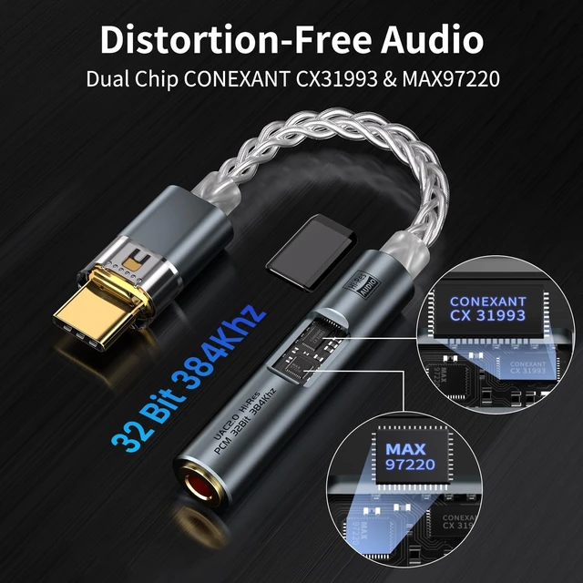 Alt view image 2 of 7 - USB C to 3.5mm Adapter with Dual Chip CX31993 MAX97220 DAC Amplifier Hi-Res DAC Adapter with 8-Strand 4N Single Crystal Copper Silver-Plated Cable, USB C to aux for Android iPhone PC Mac(Grey)