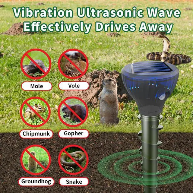 Alt view image 3 of 7 - Mole Repellent Ultrasonic Solar Powered Sonic Mole Spikes Outdoor Vole Chipmunk Groundhog Repeller Waterproof Rodent Gopher Snake Deterrent Flash&Vibration is Suitable for Lawn, Courtyard