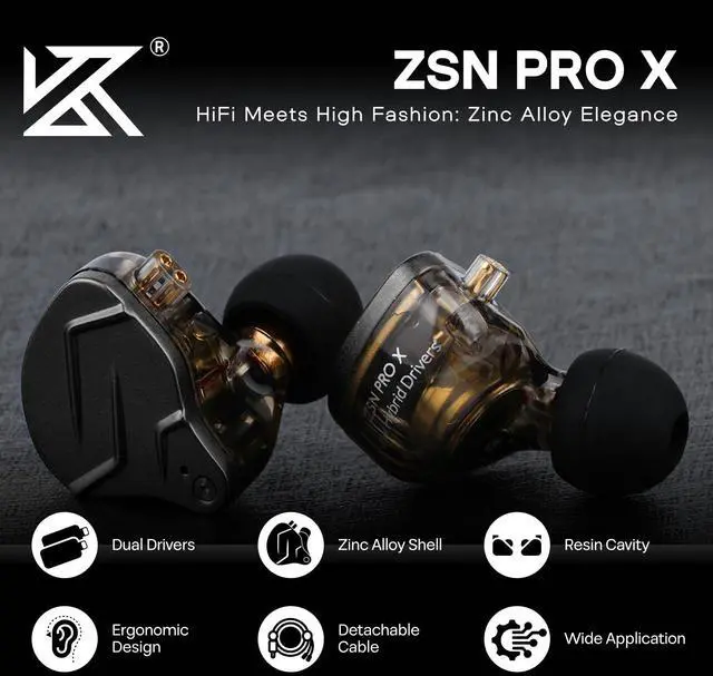 Alt view image 2 of 7 - KZ ZSN PRO X Dual Driver 1BA+1DD Hybrid Metal Earphones HiFi in-Ear Monitor with Detachable Recessed 2Pin Cable,Zinc Alloy Panel (Without Mic, Grey)