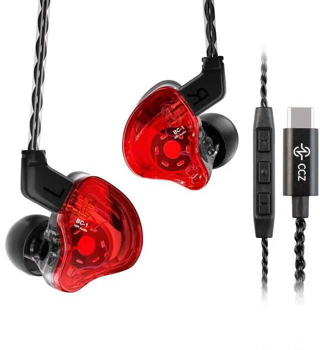 Main image of CCZ Melody USB C Headphones Wired Type-C in Ear Monitor, Professional USB C Wired Earbuds Gaming Earphones with 1BA 1DD Patent Ear fins Ear tips for Singers Musician Stage (Clear Red, USBC-With Mic)