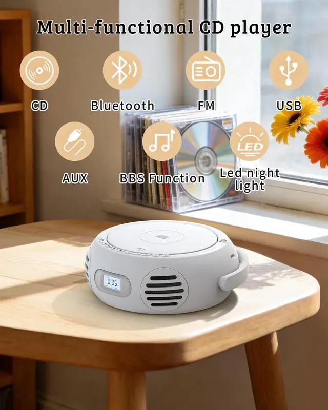 Alt view image 2 of 7 - CD Player Portable with Bluetooth, Boombox CD Players for Home with Stereo Sound & Bass Boost, FM Radio, USB/AUX Playback, LED Handle Light, Rechargeable Battery for Gift