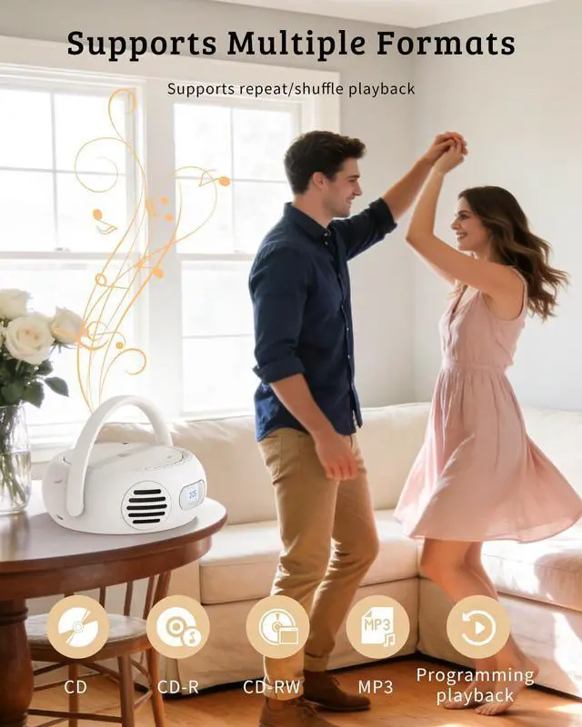 Alt view image 4 of 7 - CD Player Portable with Bluetooth, Boombox CD Players for Home with Stereo Sound & Bass Boost, FM Radio, USB/AUX Playback, LED Handle Light, Rechargeable Battery for Gift