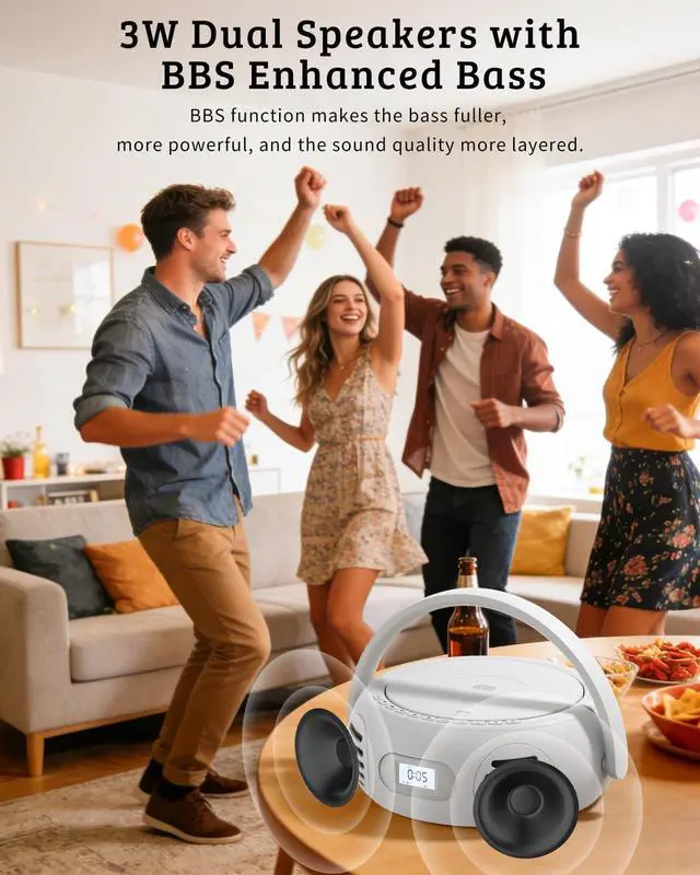 Alt view image 5 of 7 - CD Player Portable with Bluetooth, Boombox CD Players for Home with Stereo Sound & Bass Boost, FM Radio, USB/AUX Playback, LED Handle Light, Rechargeable Battery for Gift