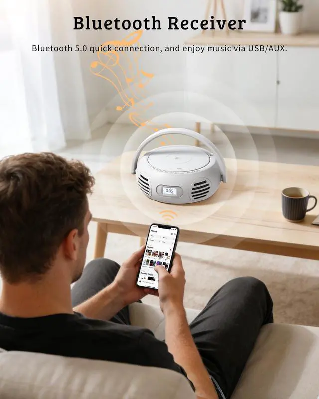 Alt view image 6 of 7 - CD Player Portable with Bluetooth, Boombox CD Players for Home with Stereo Sound & Bass Boost, FM Radio, USB/AUX Playback, LED Handle Light, Rechargeable Battery for Gift