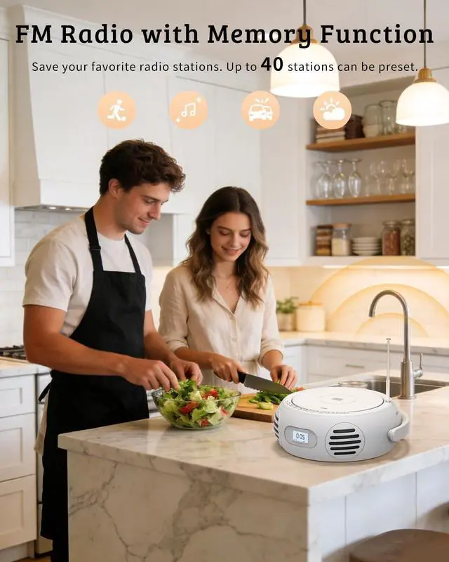 Alt view image 7 of 7 - CD Player Portable with Bluetooth, Boombox CD Players for Home with Stereo Sound & Bass Boost, FM Radio, USB/AUX Playback, LED Handle Light, Rechargeable Battery for Gift