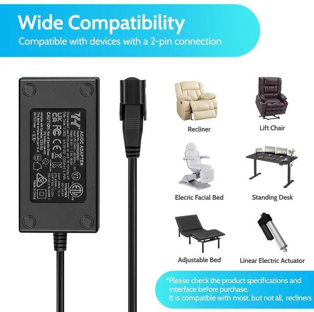 Alt view image 3 of 7 - Recliner Power Supply Wide 29V 2A AC/DC Adapter 100-240V with Longer Power Cord, 2-Pin Switching Transformer, Replacement Part for Recliner Sofa/Lift Chair/Electric Couch/Standing Desk