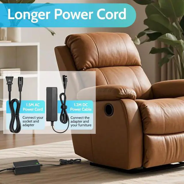 Alt view image 2 of 7 - Recliner Power Supply Wide 29V 2A AC/DC Adapter 100-240V with Longer Power Cord, 2-Pin Switching Transformer, Replacement Part for Recliner Sofa/Lift Chair/Electric Couch/Standing Desk