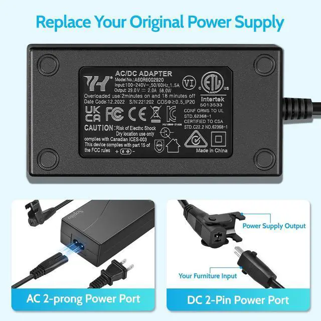 Alt view image 5 of 7 - Recliner Power Supply Wide 29V 2A AC/DC Adapter 100-240V with Longer Power Cord, 2-Pin Switching Transformer, Replacement Part for Recliner Sofa/Lift Chair/Electric Couch/Standing Desk