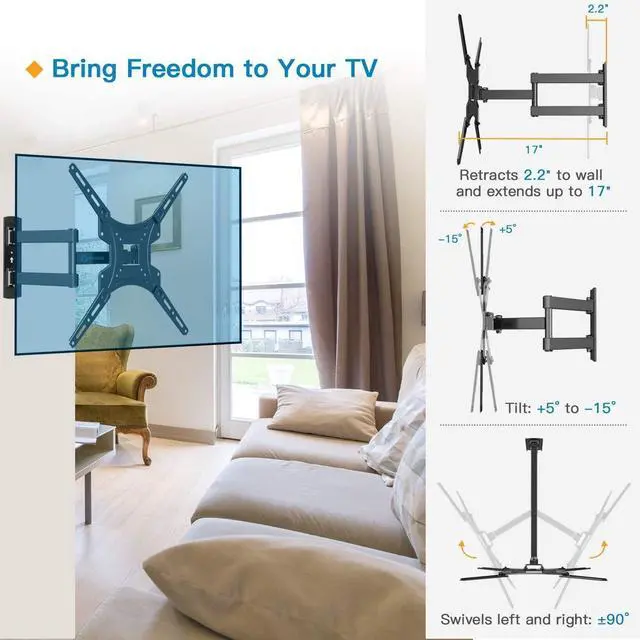 Alt view image 4 of 6 - Full Motion TV Wall Mount Bracket Articulating Arms Swivels Tilts Extension for Most 24-55 Inch LED LCD Flat Curved Screen TVs, Max VESA 400x400mm up to 66lbs